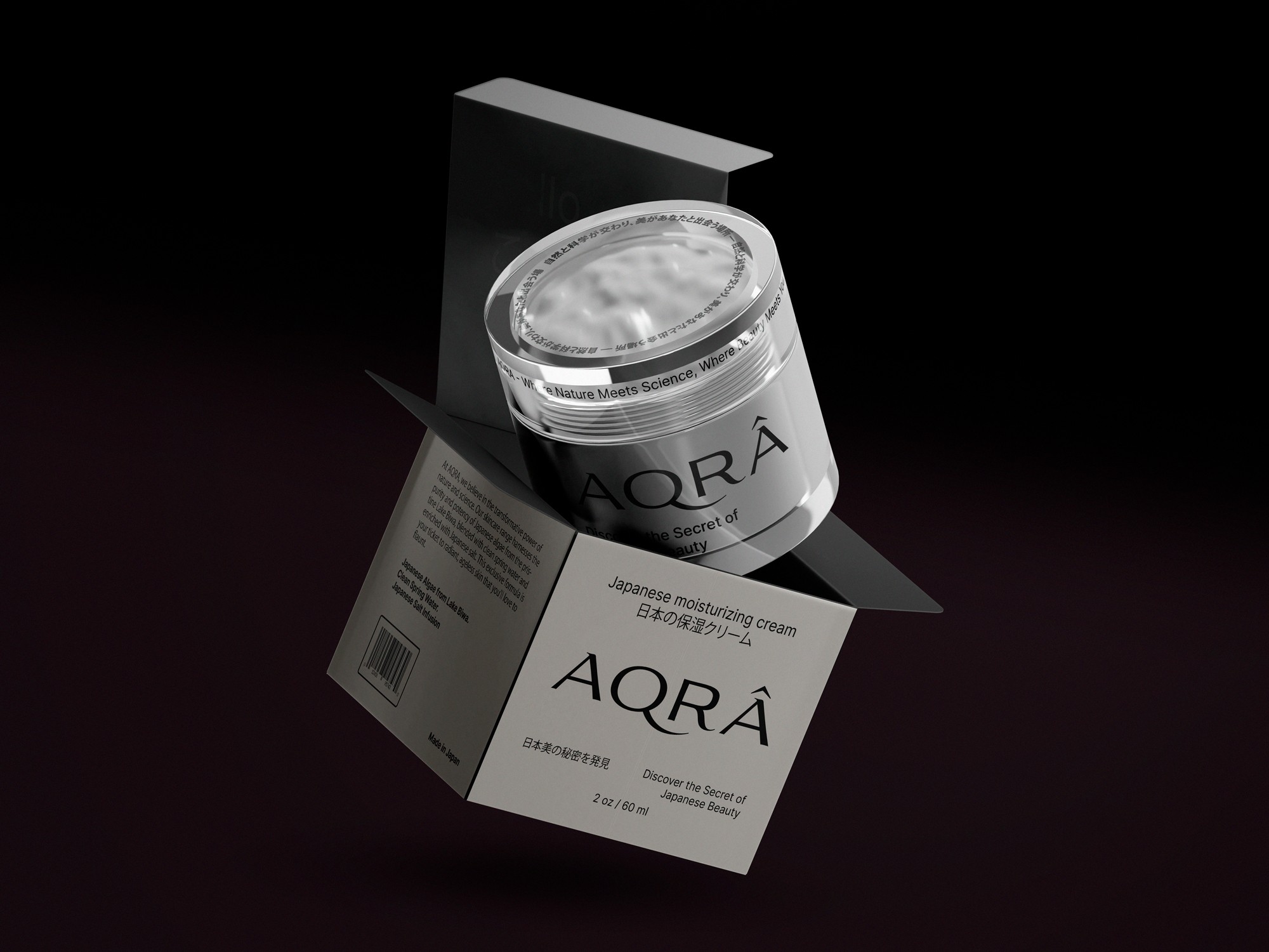 AQRA jar and packaging floating on a dark background