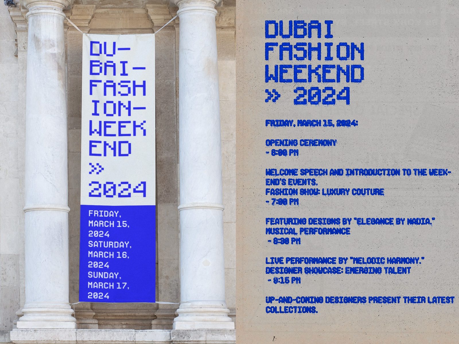 Vertical banner between marble columns and event programme