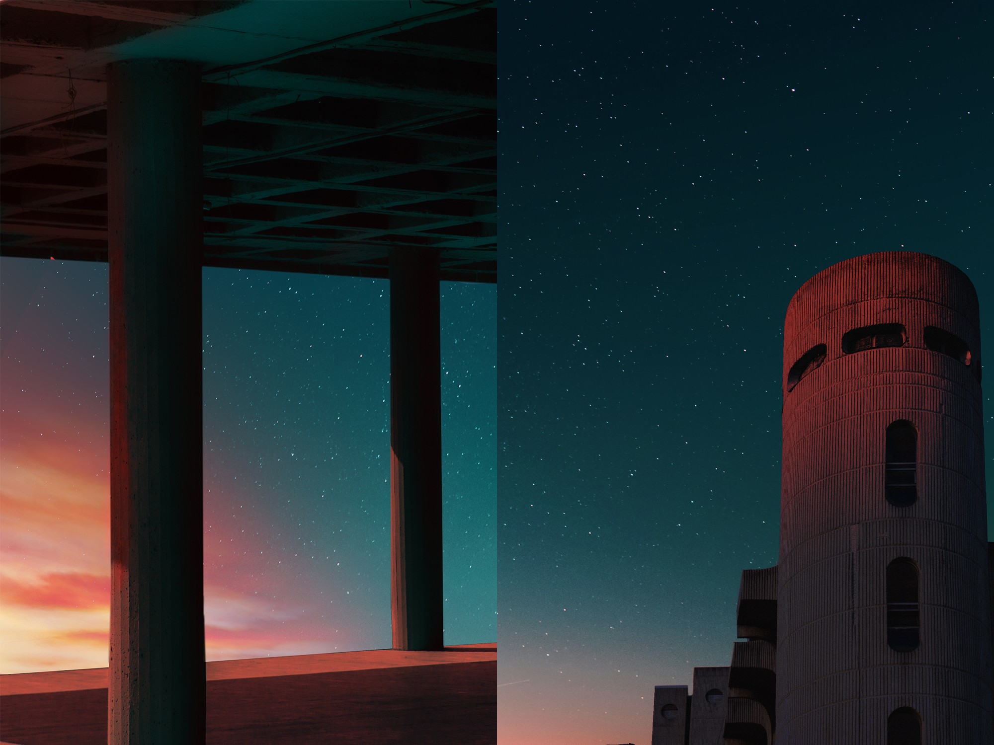 Concrete pillars and a brutalist tower at dusk