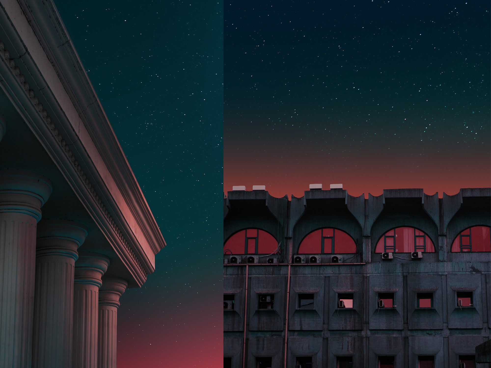 Classical columns and brutalist facade under the stars
