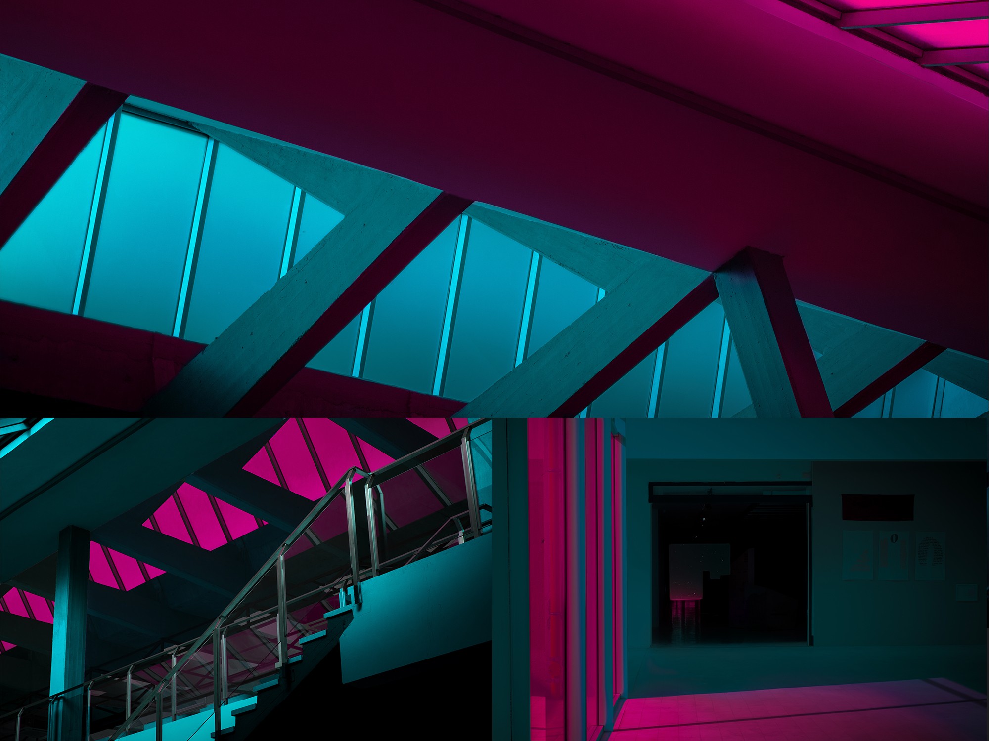 Interior architecture in neon teal and magenta