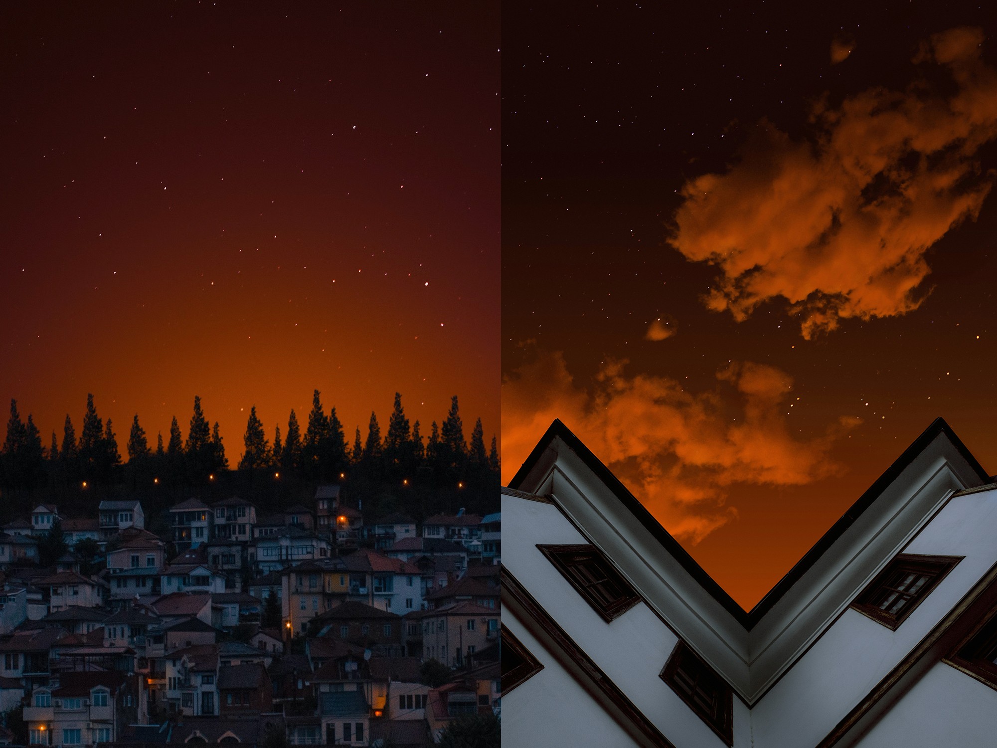 Ohrid old town and traditional rooftops under an amber sky