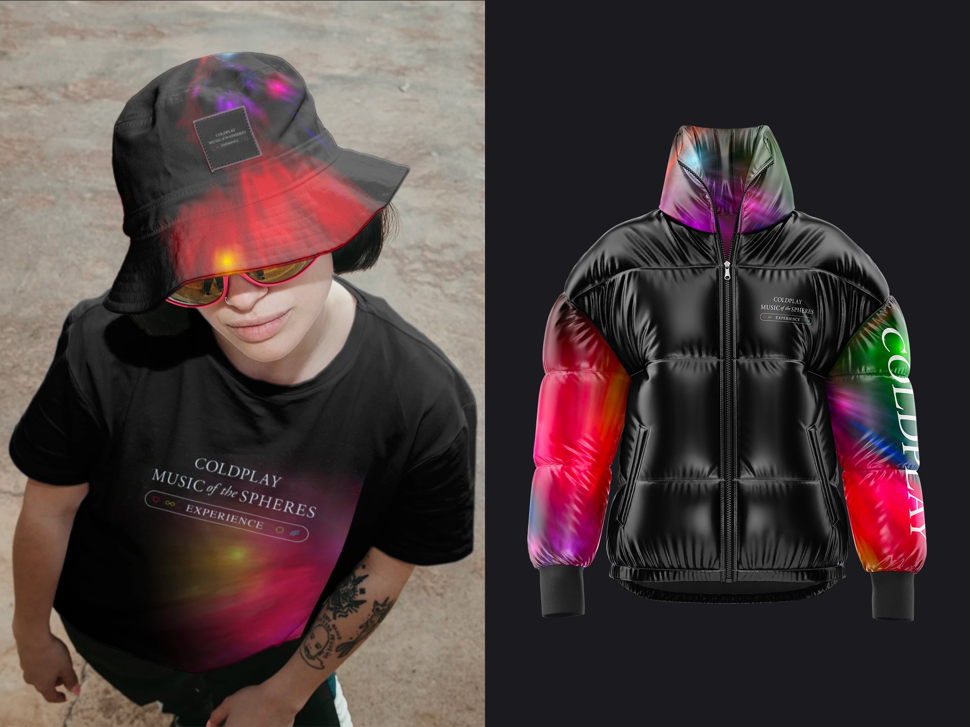 Merchandise — bucket hat, T-shirt and puffer jacket